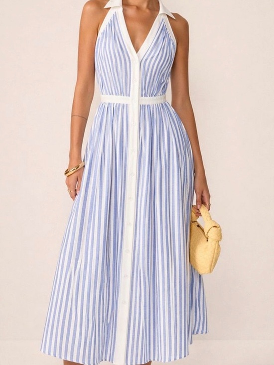 Dresses & Skirts - Blue and White Striped Halter Midi Dress